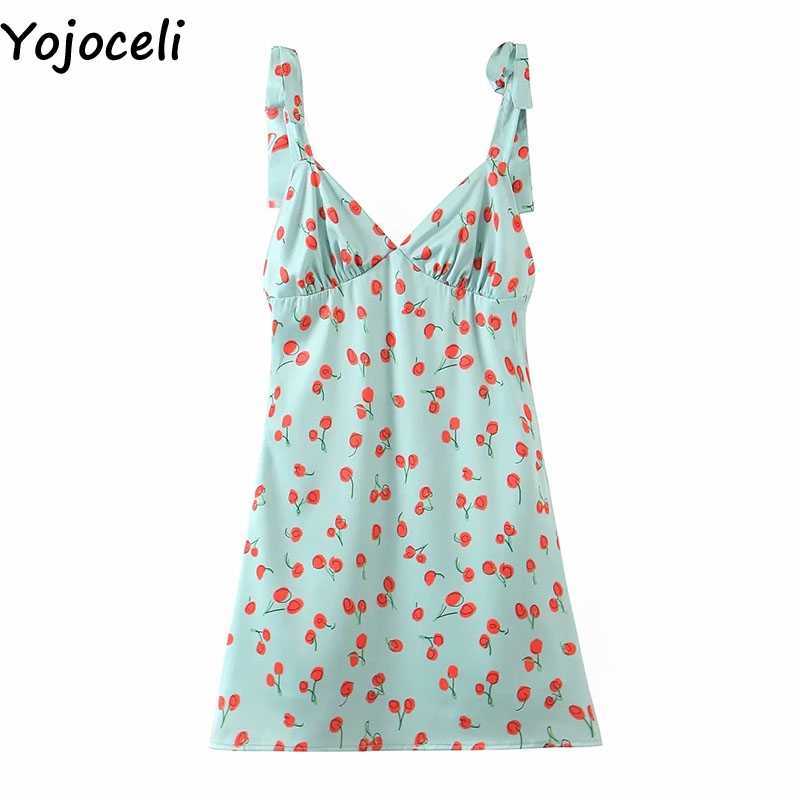 Yojoceli Elegant sexy chery bow dres Summer short strap beach sun Casual print female daily vestidos 210609