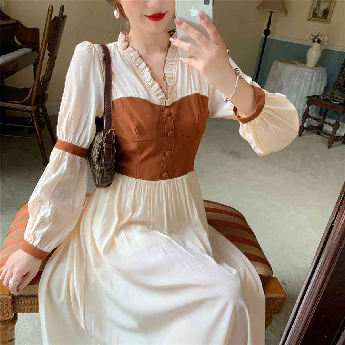 Frenc Vintage Dress Women Long Sleeve V-neck Chiffon Dress Korean Evening Party Fairy Elegant Dress Female Autumn 210521