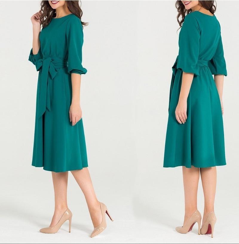 High Waist A Line Chic Dress for Women Elegant Three Quarter Sleeve Ladies Tie Neck Party Beach es 210428