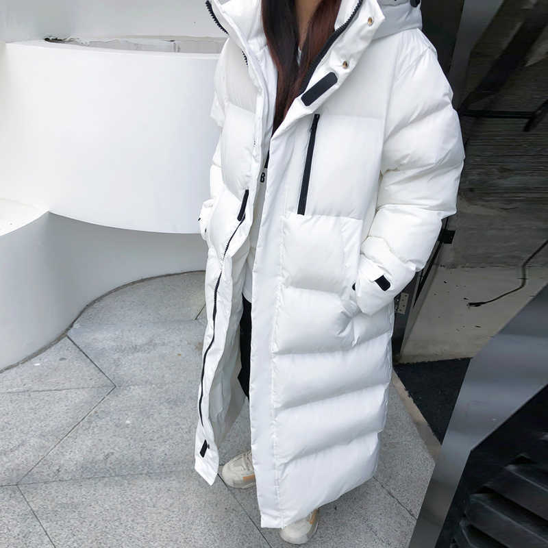 Long Down Jacket Women'S Coat Winter Korean Oversized Thick Warm Hooded Parka Black White Cotton Jackets 211013