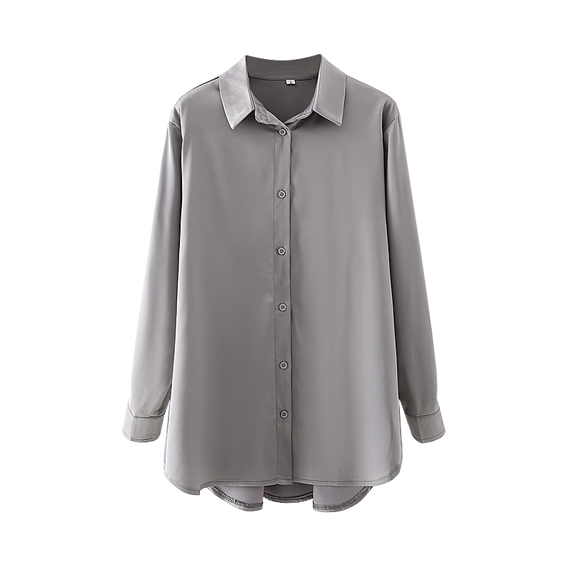 Causal Women Elegant Solid Grey Shirts Fashion Ladies Loose Satin Soft Tops Streetwear Female Chic Button Blouse 210430