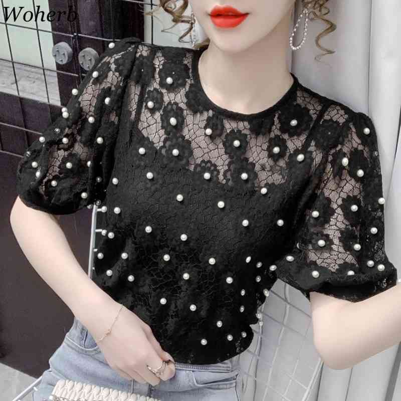 Blusas Mujer Chic Heavy Lace Beading Blouses Women Summer Shirts Temperament Slim Blouse Korean White Tops 95313 210519