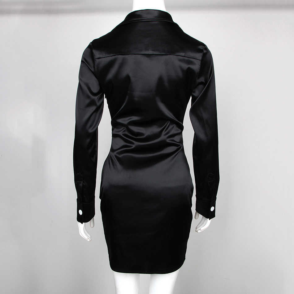 Women's Folding Mini Fashion Celebrity Satin Black Long Sleeve V-neck Birthday Club Wear Ladies Sexy Party Dress 210527