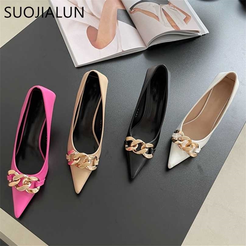 SUOJIALUN Thin High Heels Pumps Shoe Fashion Pointed Toe Metal Chain Work Vintage Elegant Shallow For Party 211029, Black 
SUOJIALUN Thin High Heels Pumps Shoe Fashion Pointed Toe Metal Chain Work Vintage Elegant Shallow For Party 211029, Black