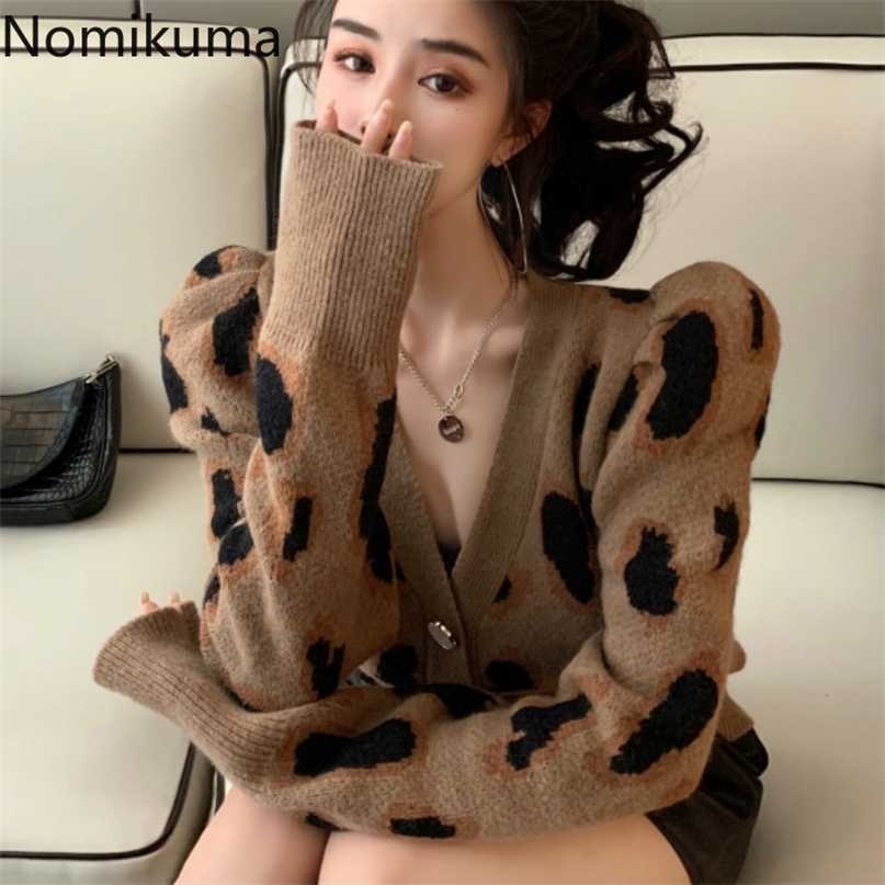 Nomikuma Vintage Leopard Knitted Cardigan Coat Causal Puff Long Sleeve V-neck Sweater Women Knitwear Jacket 6D728 211011Z