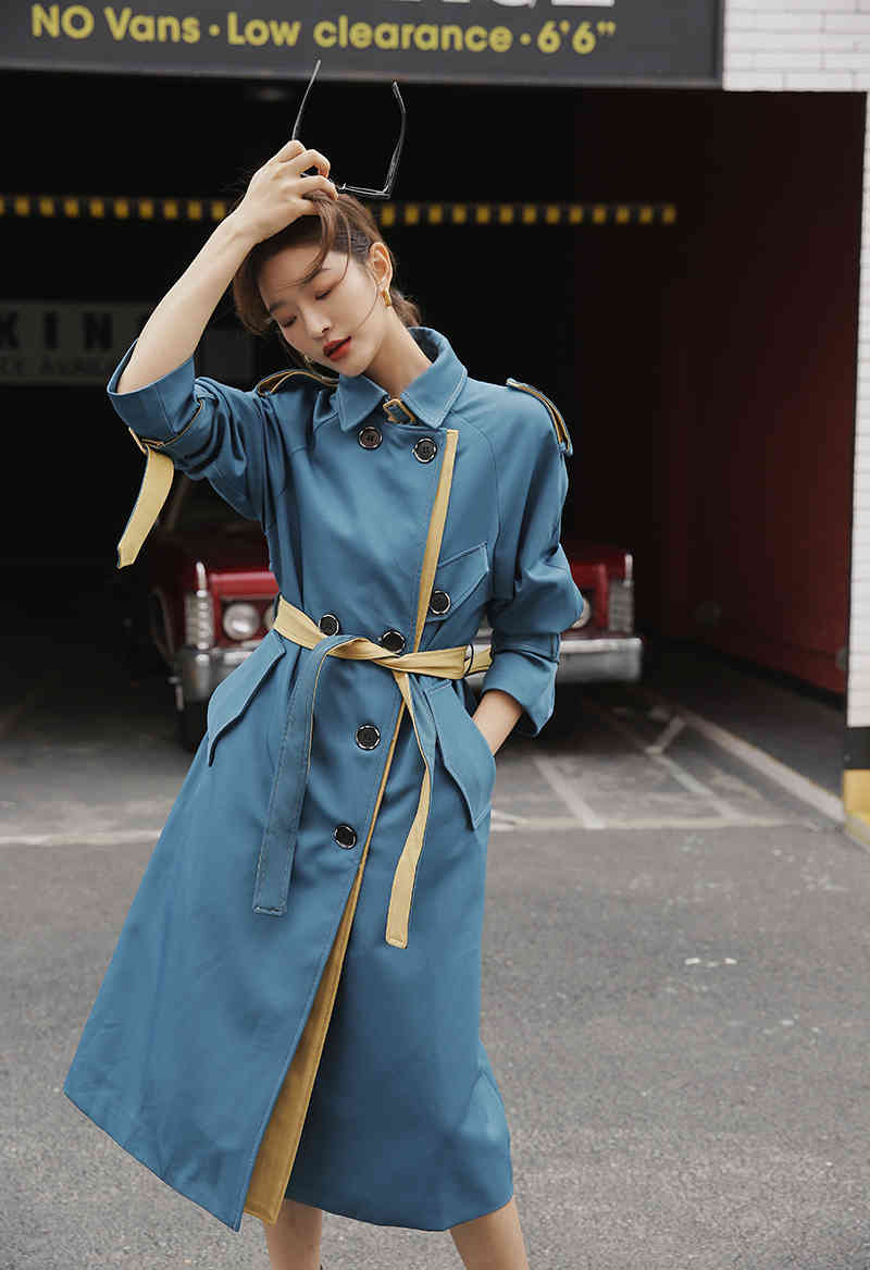 Blue Double Breasted Trench Coat Women Winter Long s And Jackets Windbreaker Belted Trenchcoat Outerwear 210427