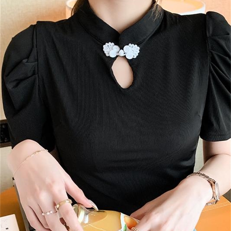 Retro Button Chain Bubble Sleeve Shirt Women's Spring Casual Solid Color Blouse Lady Slim Tops Blusas Mujer White Black 210515