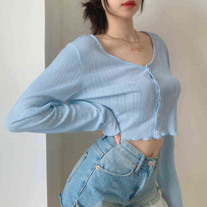 Korean Style Women's Knitted Crop Tops Solid Sexy V-Neck Short Cardigan Mujer Loose Long Sleeve Thin Sweater Woman Top Aesthetic 211117