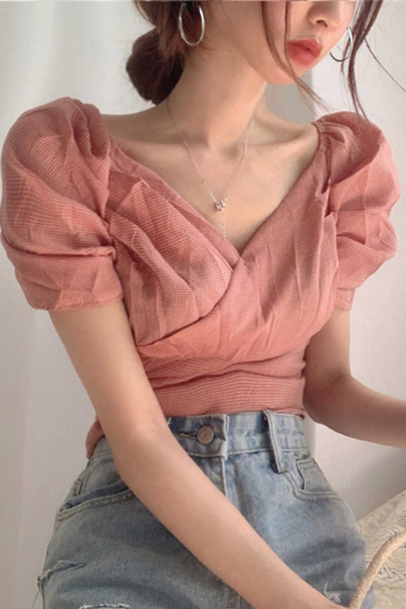 Korejpaa Women Blouses Korean Chic Retro Sweet V-neck Sexy Folds Cross Waist Bubble Plaid Sleeve Shirt Top Female 210526