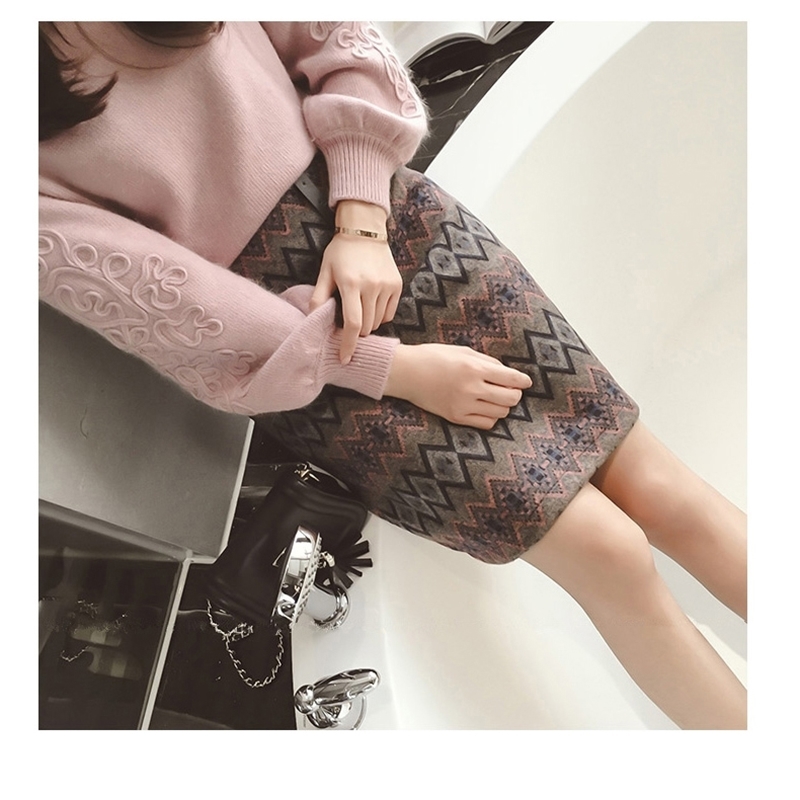 Korean Women Autumn winter two piece set embroidery Long sleeve knitting sweater top + Tweed Geometric print Mini Skirt suit 210519