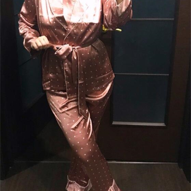 Elegant Dot Print Satin Shirt Camis Pajama Suits Elastic Full length Pants Women Loose Long Sleeve Blouse Tops 3 Pieces Set 210429