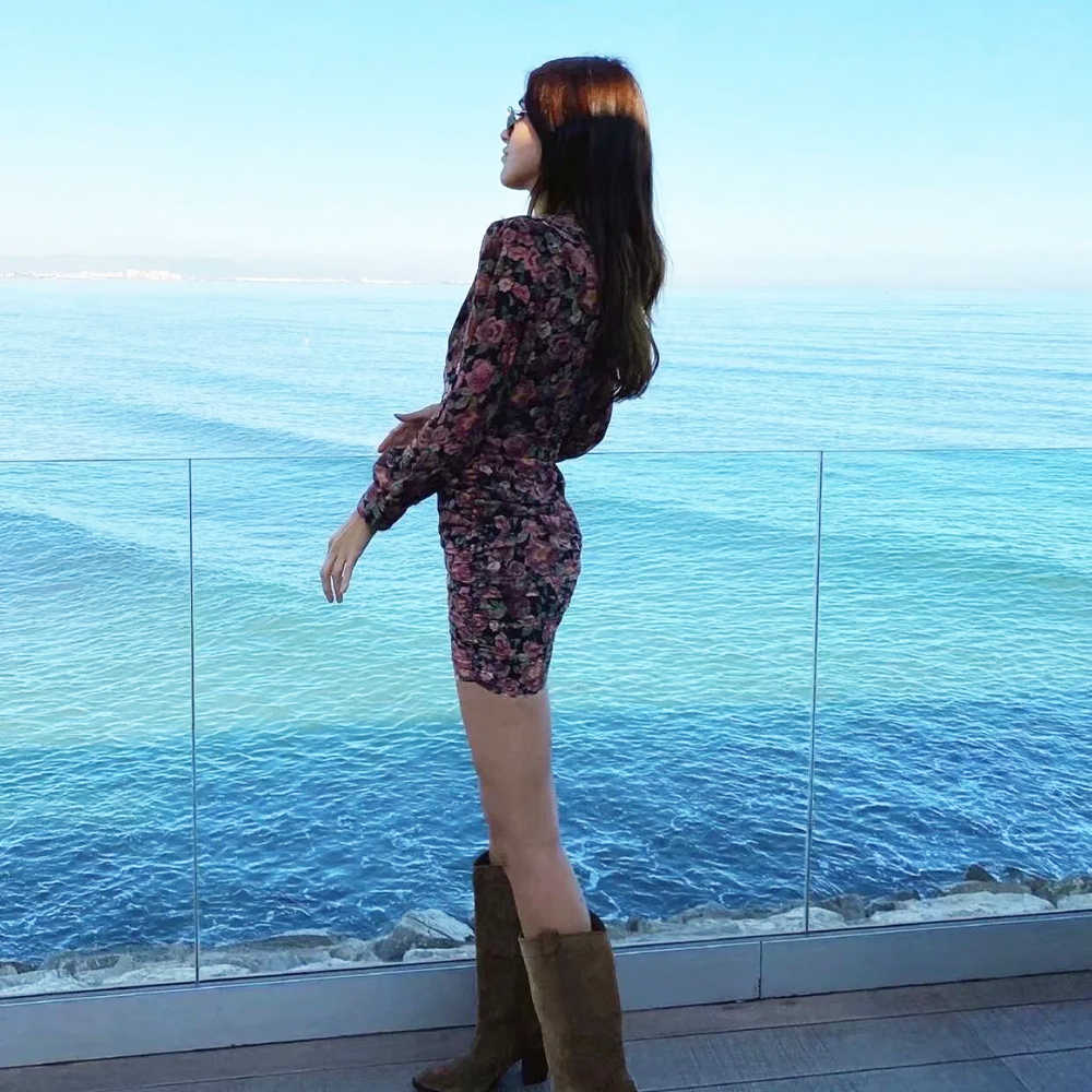 Women Drapped Dress Floral Printed V-neck Short Mini dress Long Sleeves Chic Lady elegant Vintage Casual Woman Dresses 210709