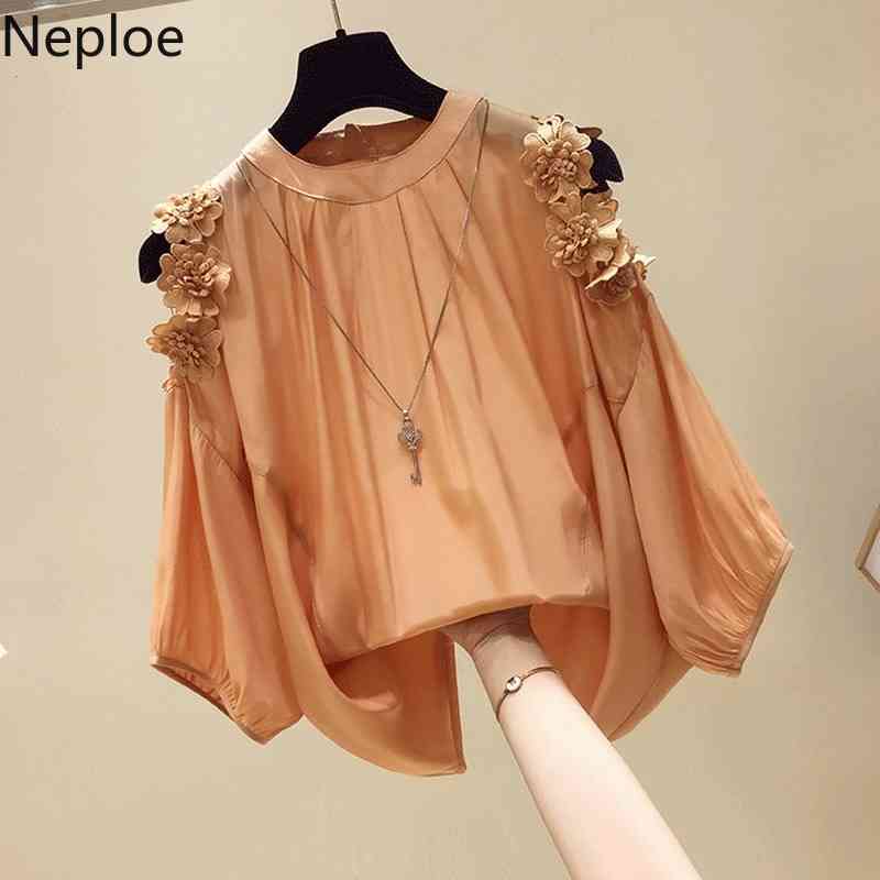Neploe Tops Mujer O Neck Shoulder Strapless Sexy Chiffon Shirt Feminino Pullover Long Sleeve Loose Solid Blusas Spring Blouse 210422
