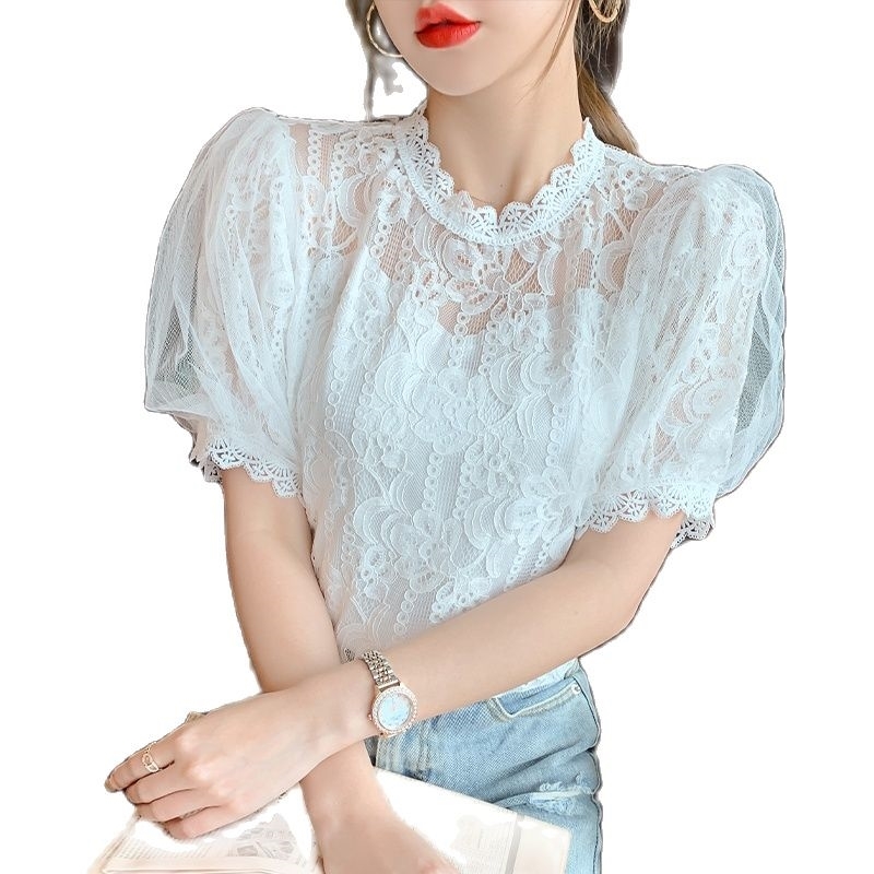 High Street Lace Blouse Women Tops Spring Summer Casual Short Sleeve Hollow Out Korean Clothes Fashion White Tops 210515