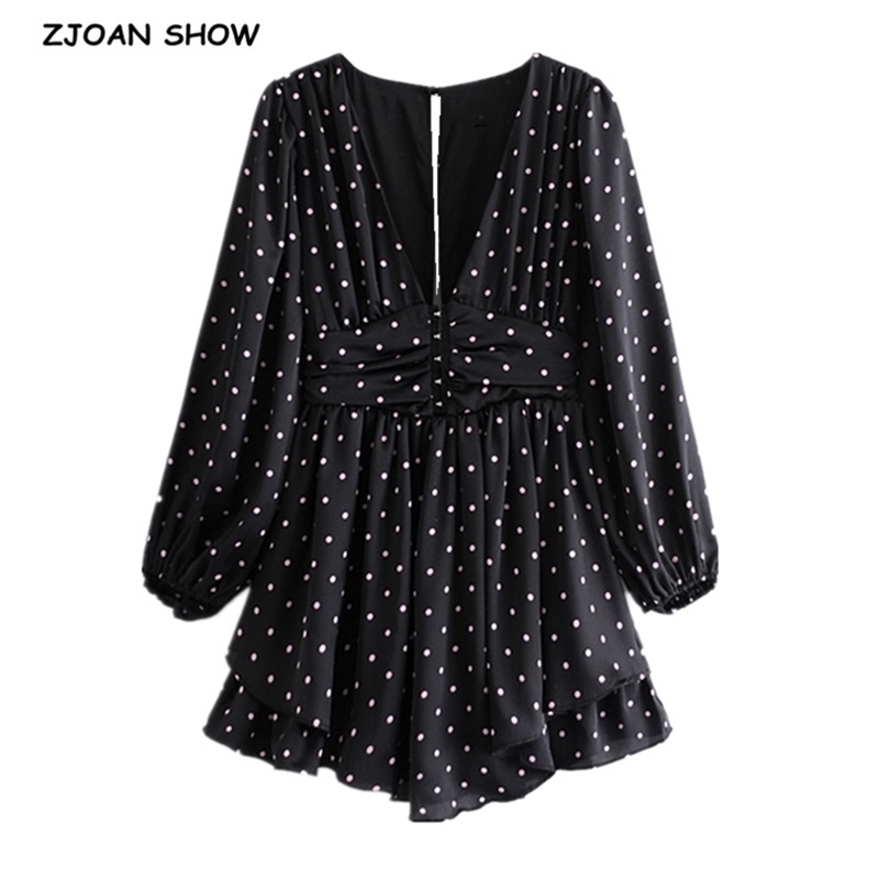 Retro Women Pink Polka Dot Print Black Long sleeve Mini Dress Sexy Pleated Ruched Hollow Out Back Party Dresses 210429