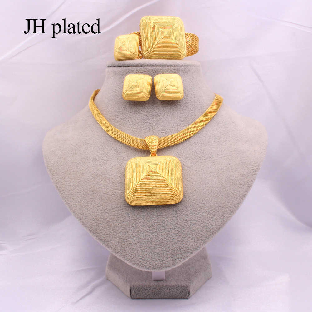 Dubai gold 24K Jewelry sets for women African bridal Wedding gifts party Necklace square earrings ring bracelet jewellery set Y200810