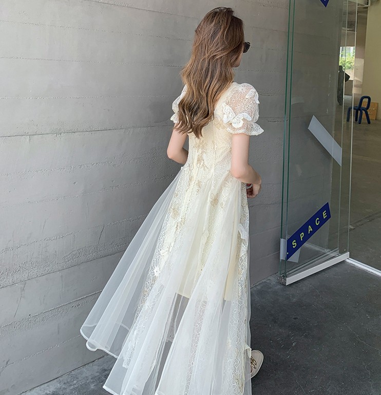 Women Sweet Embroidery Lace Patchwork Chiffon Fairy Dress Elegant Square Collar Puff Sleeve Slim Waist Butterfly Princess 210519