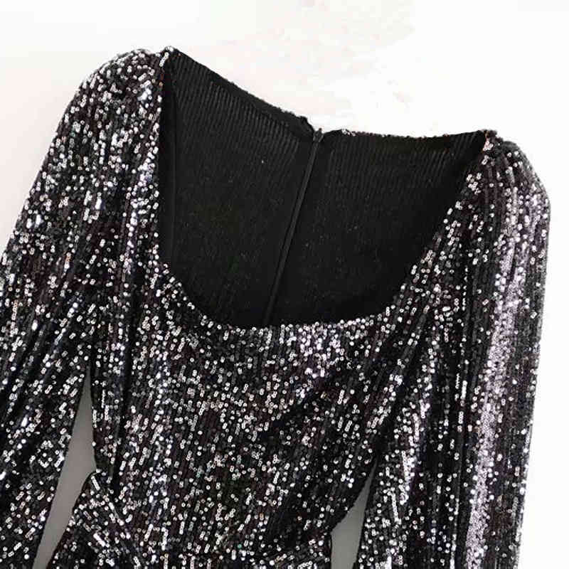 Women Sequin Mini Dress Fashion Square Collar Vintage Lady Party Elegant Female Lantern Long Sleeve Short es Vestido 210515