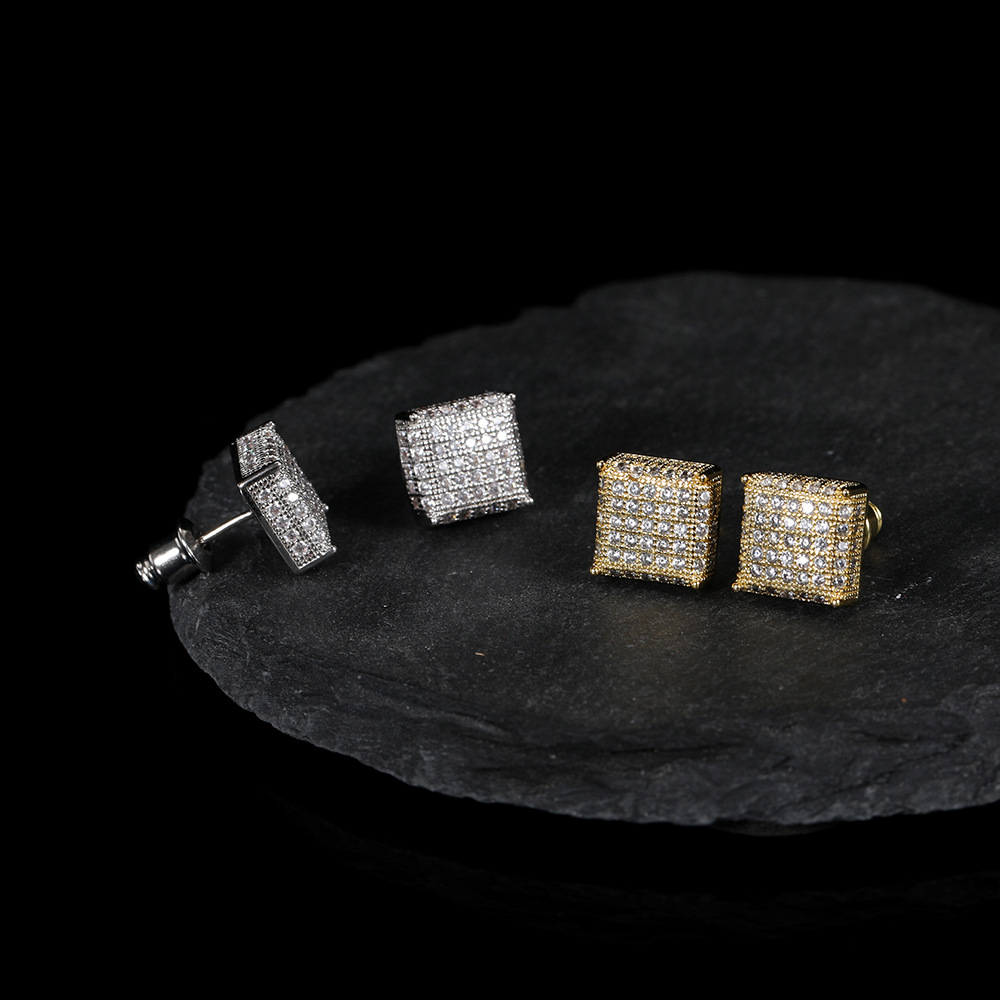Hip Hop Square Stud Earring Bling 18K Real Gold Plated Prevent Allergy Earrings for Men Women Gift