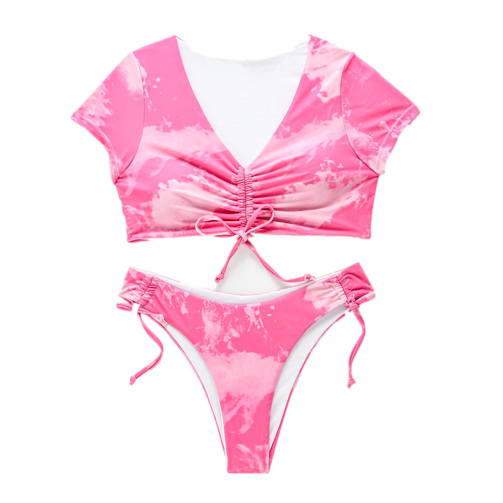 Tie Dye Swimsuit Sport Bandage Push Up Bikini Set Short Sleeve Thong Biquinis Women Swimwear Lace Swimming Bathing Suit 210520