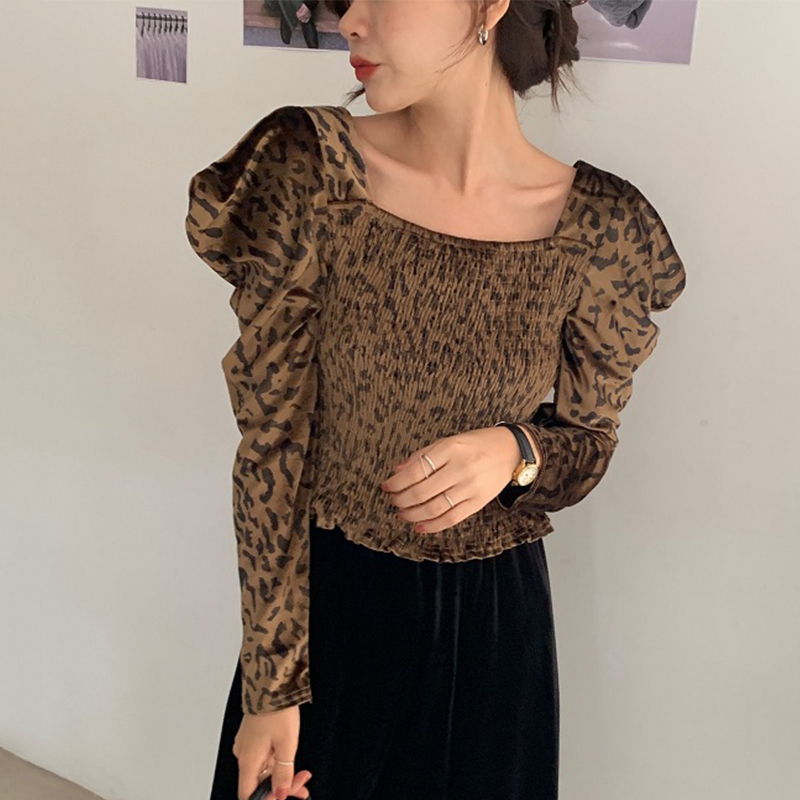 Nomikuma Women Velour Blouse Puff Long Sleeve Square Collar Korean Shirt Autumn Stretch Slim Short Top Blusas Femme 6C970 210427