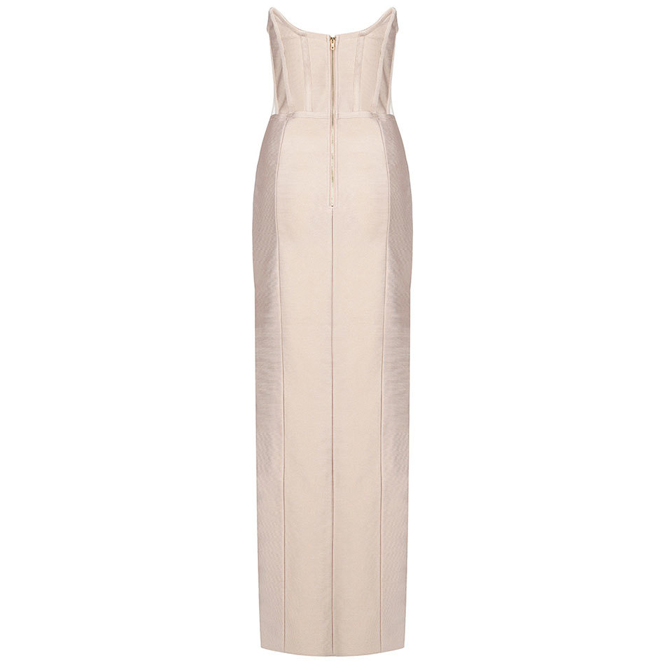 Free Women's Sleeveless Long Bandage Dress Beige Sexy Mesh Strapless Split Bodycon Club Evening Party Dresses 210524