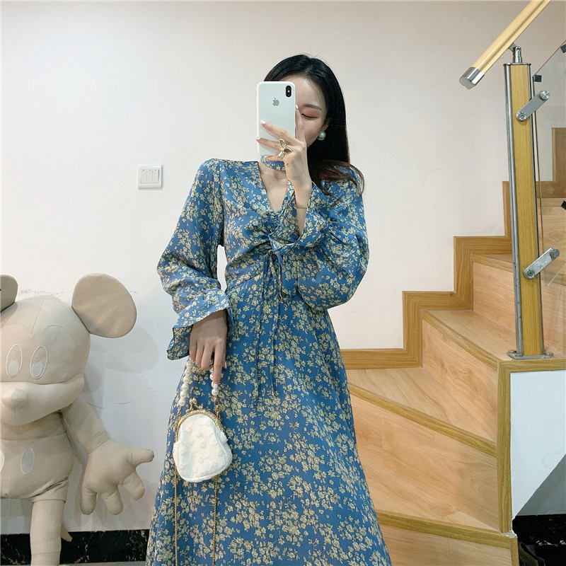 Sexy V-Neck Drawstring floral Print chiffon party Dress Retro Autumn Women Elegant Flare sleeve Beach holiday Long Robe 210519