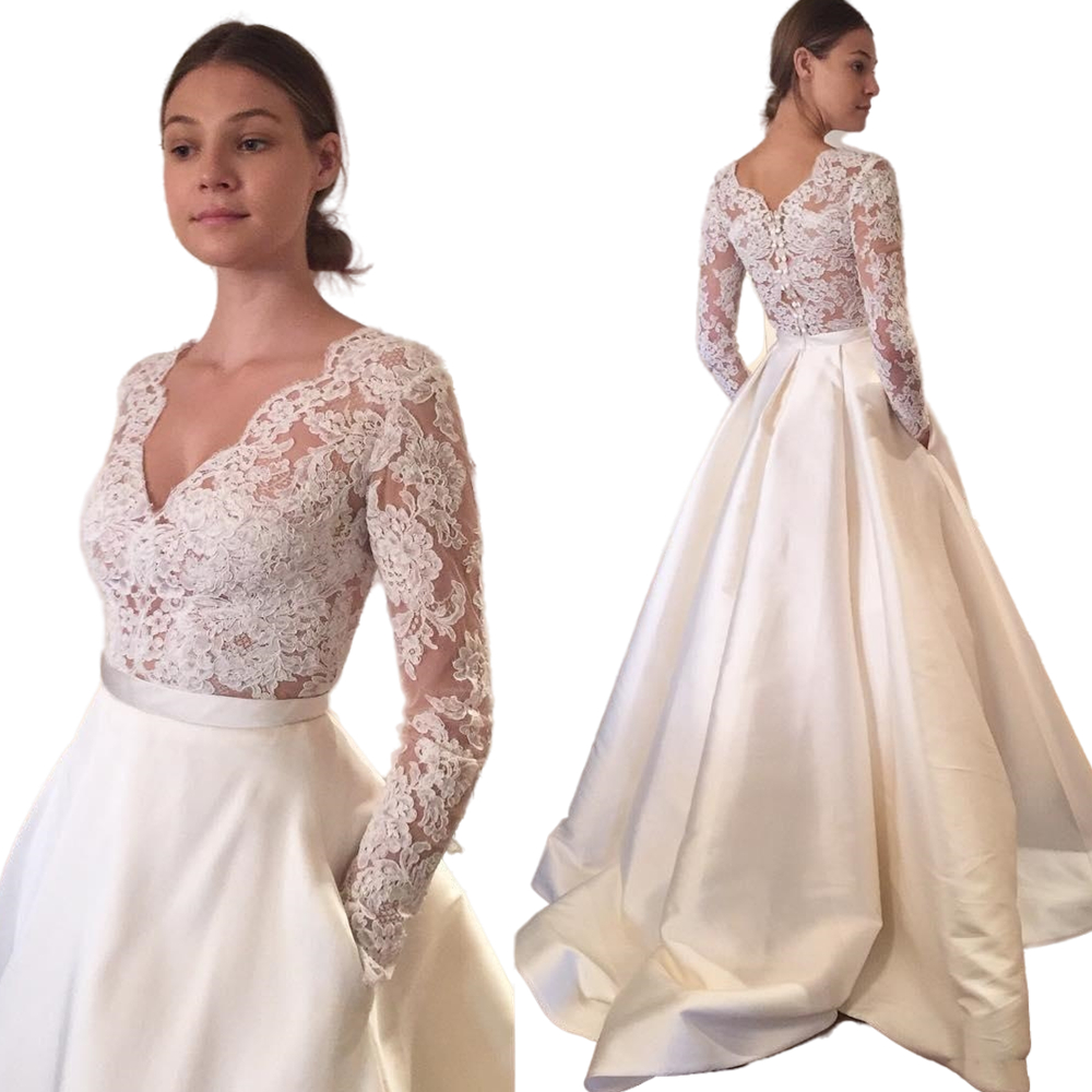 2021 Simple A Line Wedding Dresses Bridal Gowns With Pockets Lace Satin illusion Long Sleeve Sexy See Through Deep V-neck Boho Beach Bride Dress Robe 