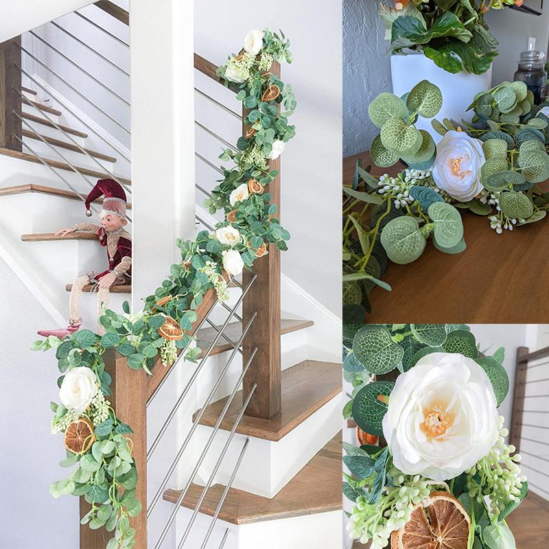 Decorative Flowers & Wreaths Fake Flower Eucalyptus Garland With Camellias Artificial Silk Rose Vine Decor Hanging Faux Leave Floral For Wed