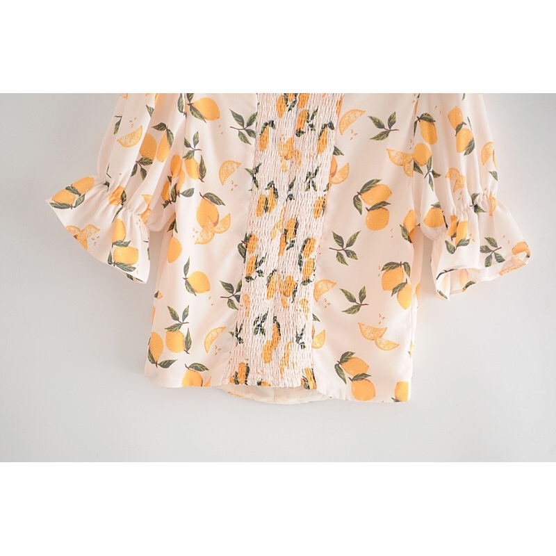 Vintage Fruit Orange Print Shirt Beige Retro Elastic Ruched Back Square Collar Short Sleeve Blouse tank top Tops 210429