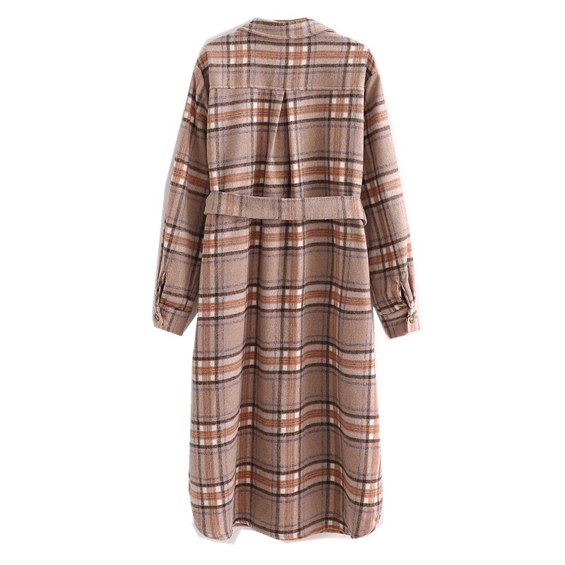 Winter Tie Bow Gingham Check Plaid Coat Oversize Style Women Front Pockets Loose Long Trench Lapel Woolen Jacket 210429