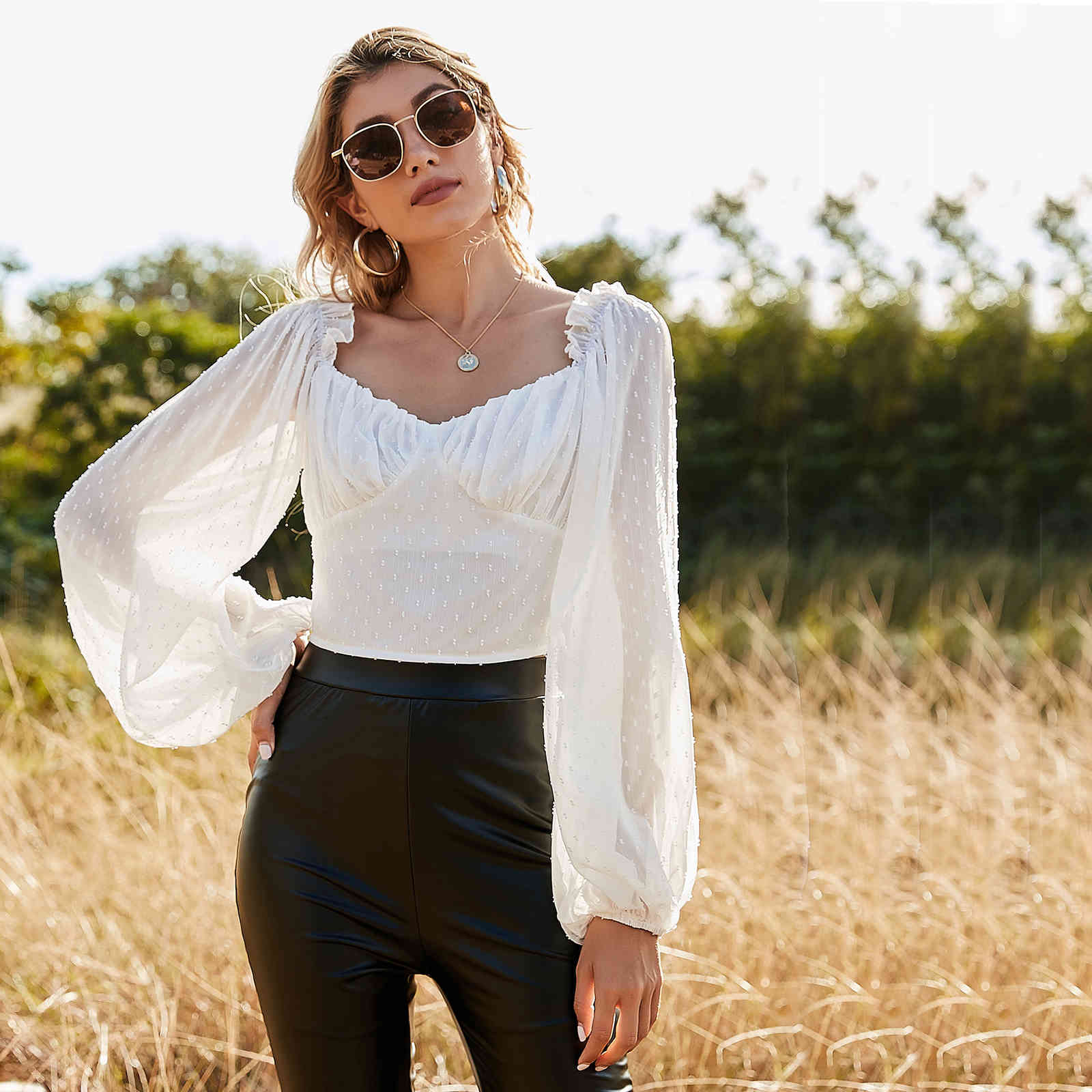 Spring V-Neck Lantern Sleeves Thin Slim White Solid Gauze Casual Pullover Women's Blouse 210524