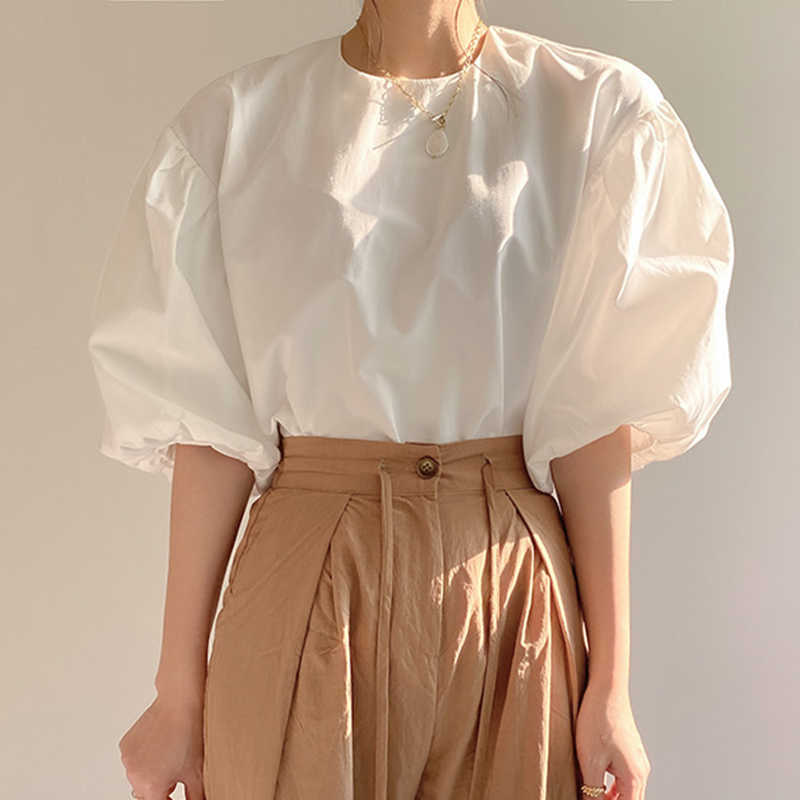Korejpaa Women Shirt Summer Korea Chic Gentle Milk Soft Round Neck Loose All-Match Solid Color Casual Lantern Sleeve Blouse 210526