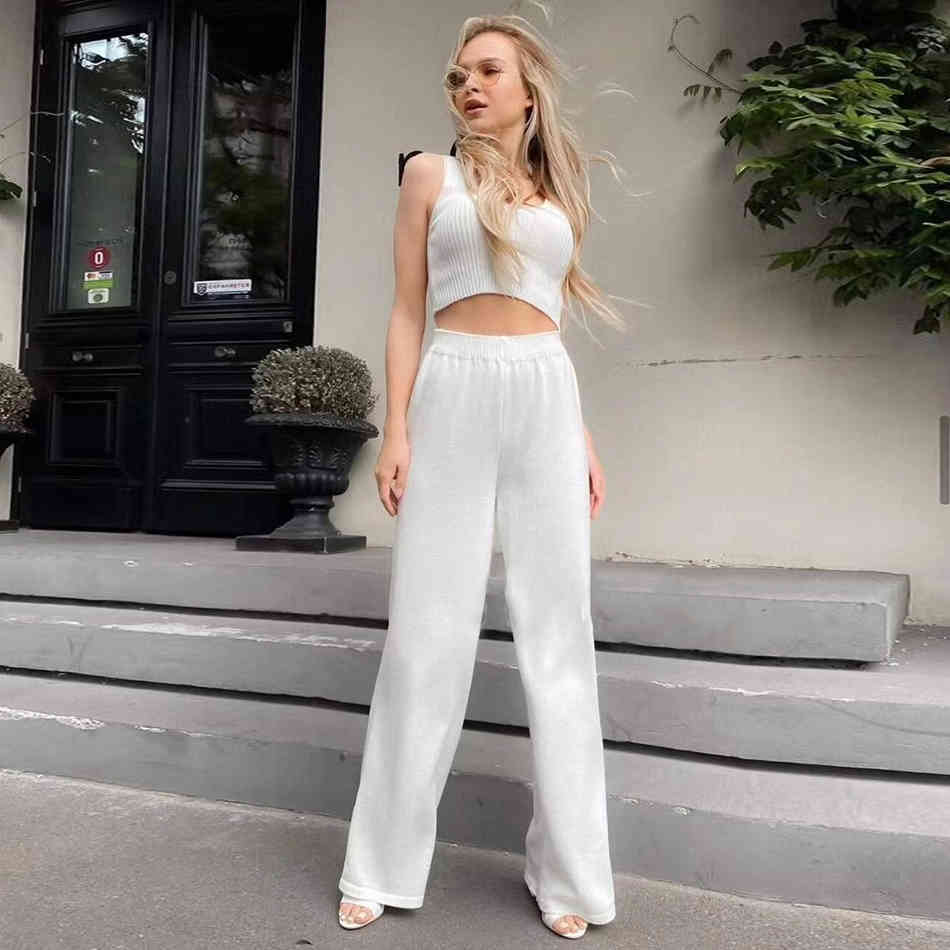 Free Women V-neck Knitted Sweater Set Casual Sleeveless Pullover Vest & Loose Elastic Pants Two-piece 210524