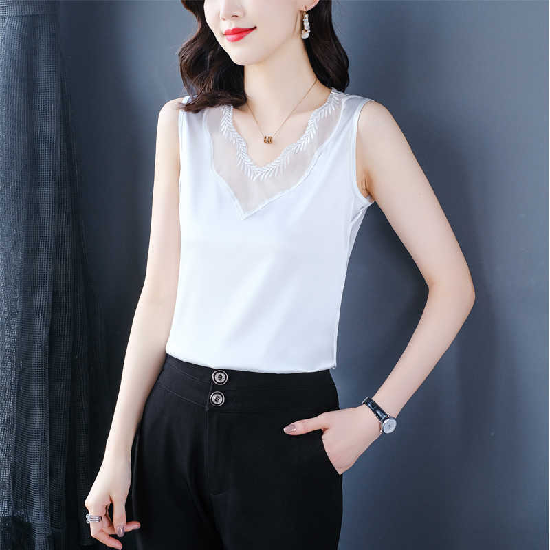 Summer Silk Tank Top Women Korean Fashion Satin Office Lady Lace Solid Plus Size XXXL/4XL Black Clothing for 210531