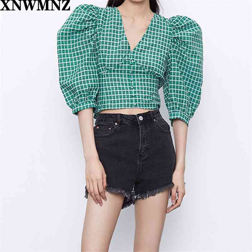 Chic Green blouse shirts women plaid crop button puff sleeve sexy v neck vintage female blusas 210520
Chic Green blouse shirts women plaid crop button puff sleeve sexy v neck vintage female blusas 210520