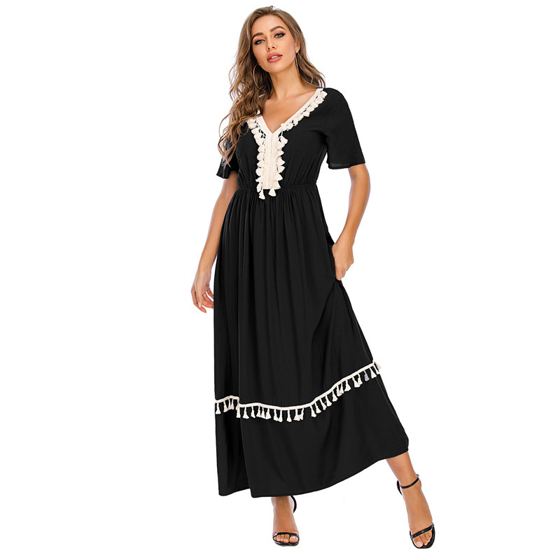 Women Dress V Neck Short Sleeve Maxi es High Waist Tassel Bohemian Plus Size Loose Long Summer es 210524