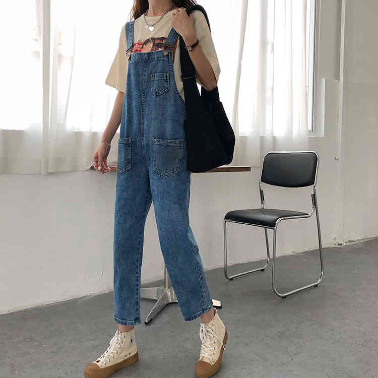SML Korean style jeans womens Spring autumn loose blue straight pants trousers jumpsuit casual denim overalls womens (72608 210423