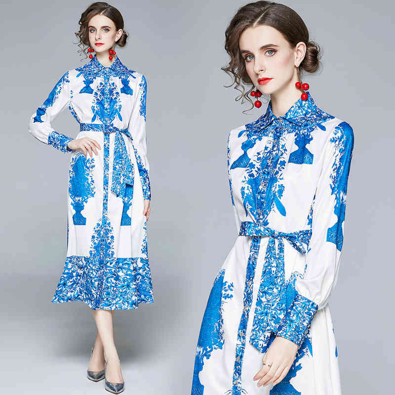 Fashion Runway Spring Dress Women Elegant Blue White Porcelain Print Sexy Ladies Vintage Party Shirt Long Dress Vestidos 210525