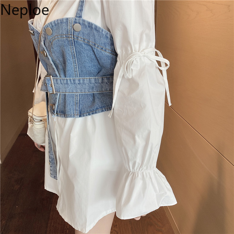 Neploe Korean Chic Suit Women 2 Piece Long Blouses Sets Puff Sleeve Turn-down Collar Tops Sashes Slim Cowboy Vest Two Piece Set 210422