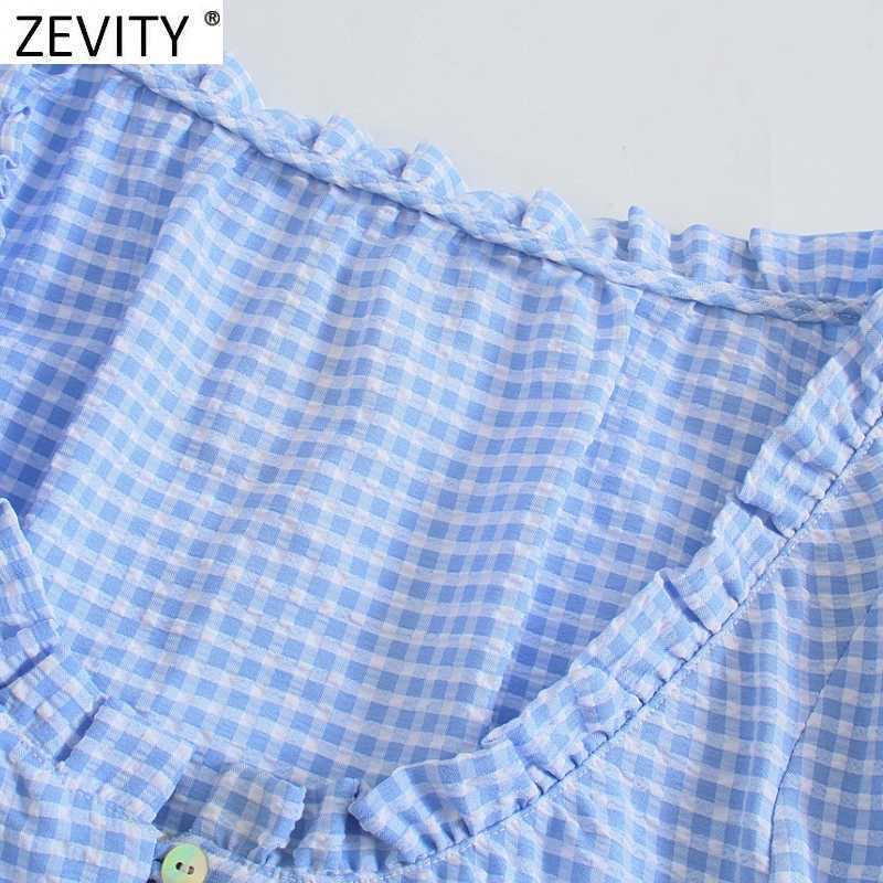 Zevity Women Sweet Agaric Lace Plaid Print Hem Knotted Short Shirt Female Lantern Sleeve Blouse Roupas Chic Crop Tops LS9345 210603