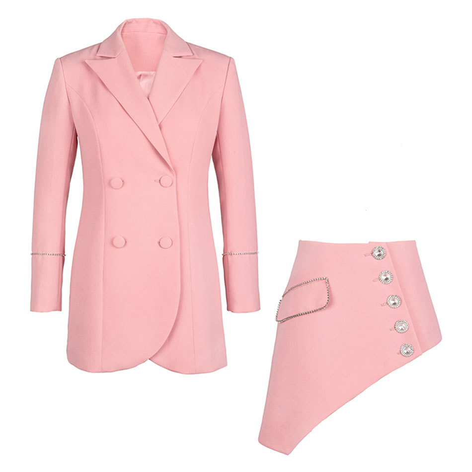 Free Autumn Women Dress Pink Sexy Lapel Double-breasted Diamond Slim Fit Suit & Girdle Club Party 210524