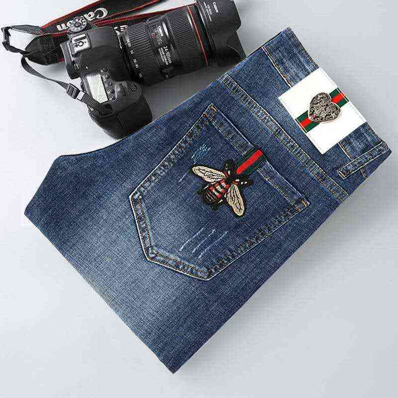High-end Men's denim jeans feet pants slim fit autumn casual stretch all-match embroidery little bee teenagers pencil pants 211120