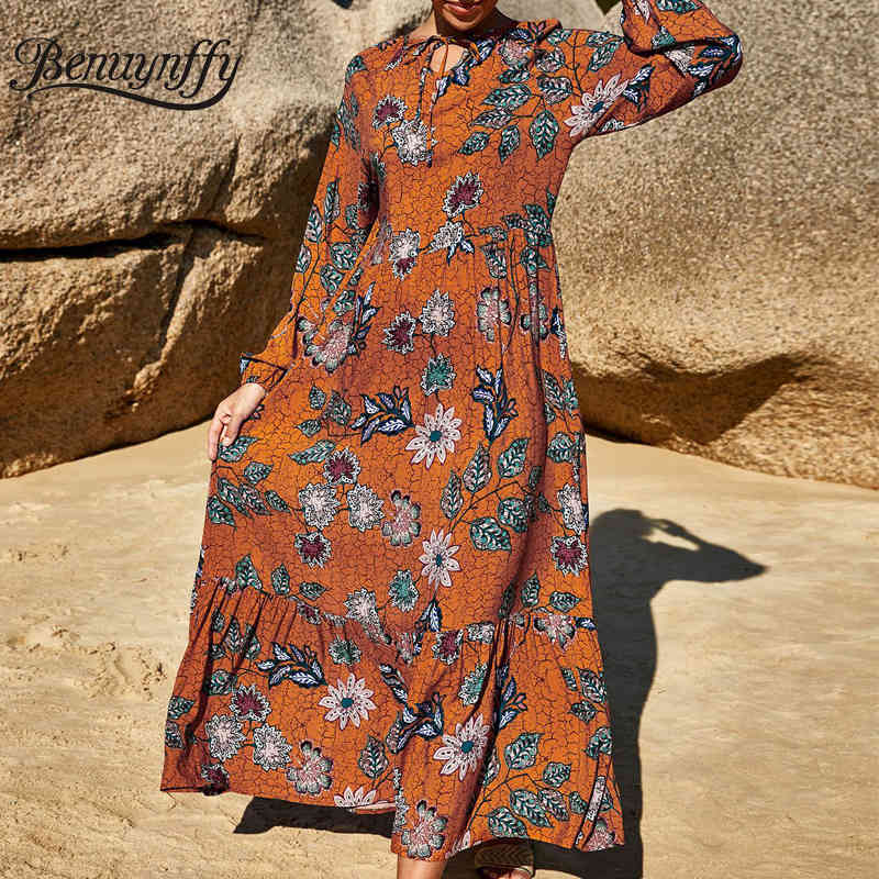 Tie Neck Spring Print Long Maxi Dresses Women Holiday Casual High Waist Sleeve Pleated Swing Dress Clothing 210510