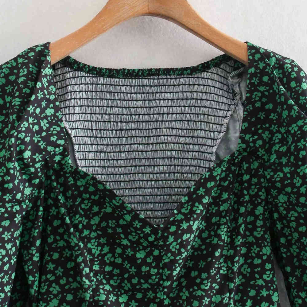 BBWM Women Chic Fashion Green Flowers Print Mini Dress Vintage Heart-Shaped Collar Long Sleeve Female Dresses Vestidos 210520