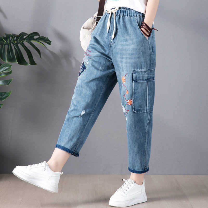 9265 Spring Summer Fashion Women Embroidery Scratches Ankle Length Jeans Office Lady Elastic Waist Blue Casual Harem Denim Pants 210922