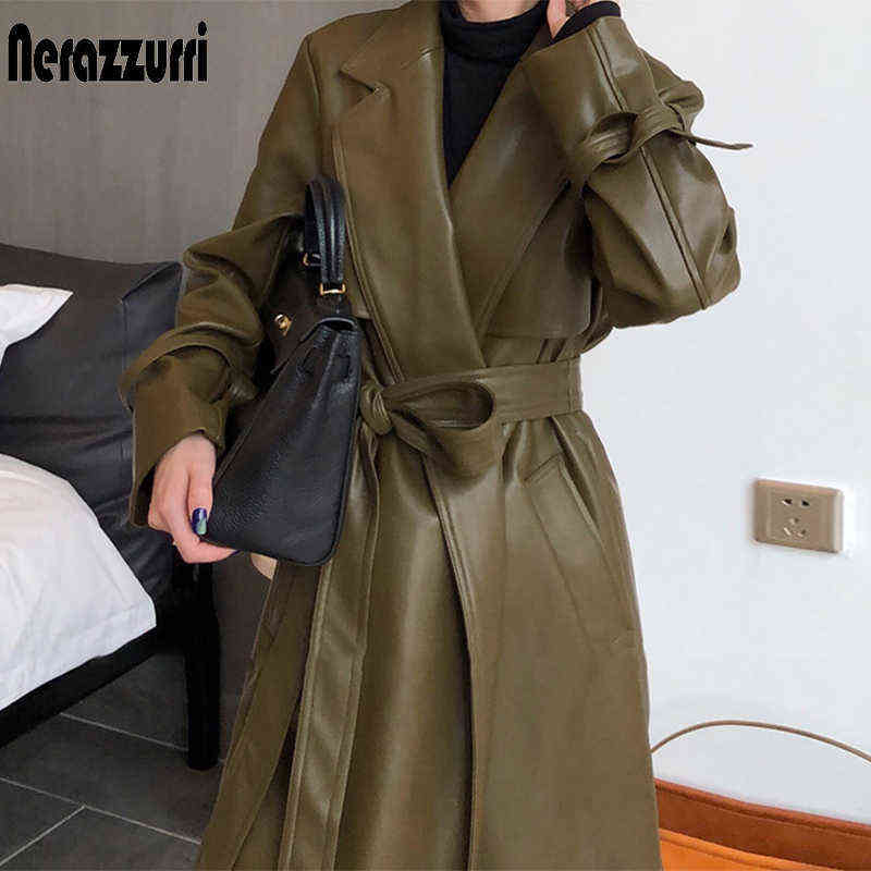 Nerazzurri Autumn long oversized leather trench coat for women long sleeve sashes Loose faux leather coats women fashion 211130