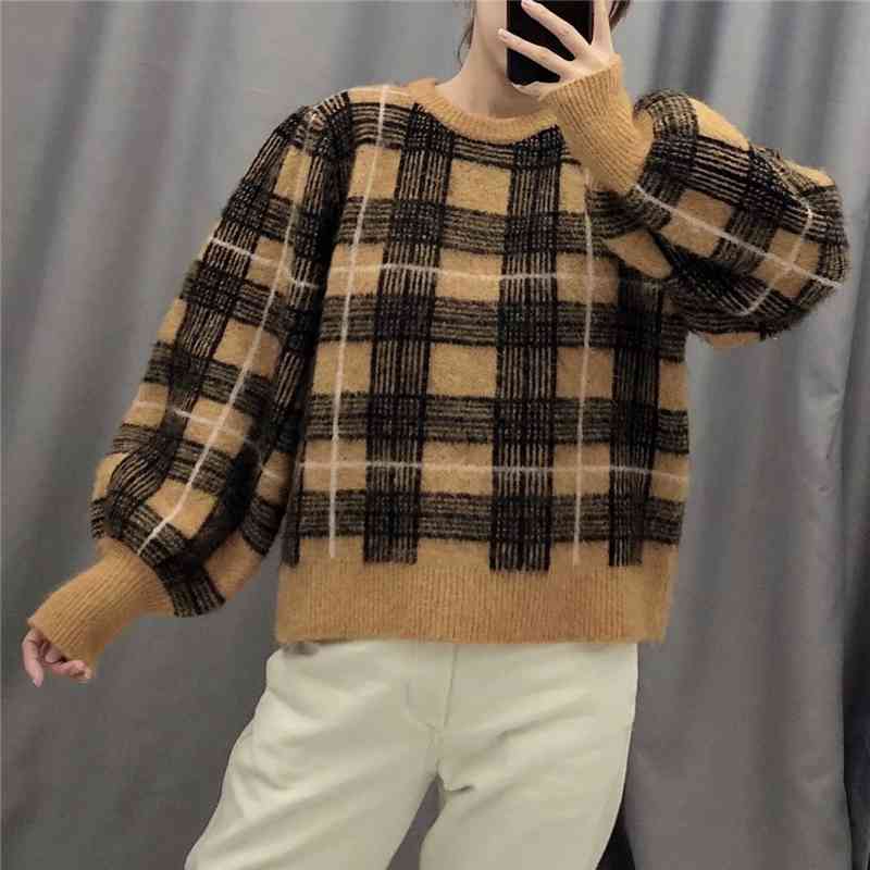 Streetwear Women O-Neck Sweaters Fashion Ladies Plaid Knitted Tops Causal Female Chic Puff Sleeve Loose Pullovers 210430