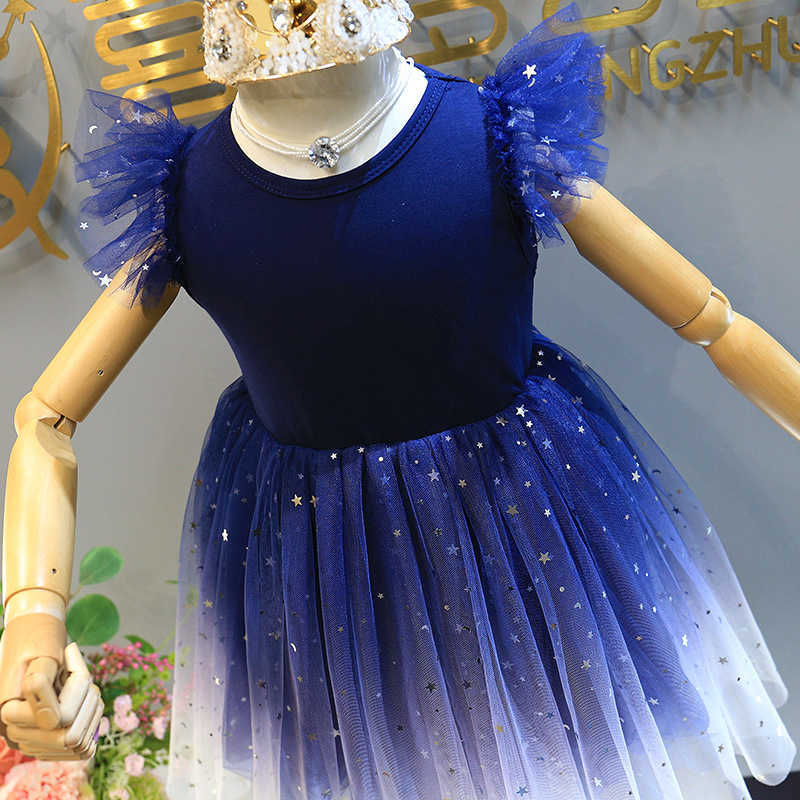 Girls Navy Sequins Stars Dress for Kids Tutu Princess Vestido Clothing Outfit Little 2-6yrs 210529