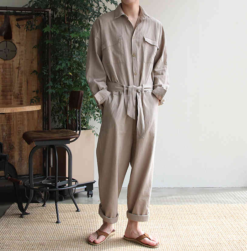 IEFB men's clothing overalls suit with belt Korean fashion loose single breasted turn down collar jumpsuit loose Y4303 210524